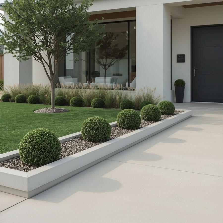 Geometryczne kontrasty z betonowymi obrzeżami przed domem