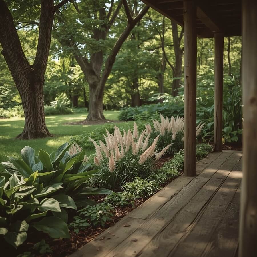 Leśna rabata cienio-lubna z hostami, paprociami i astilbe
