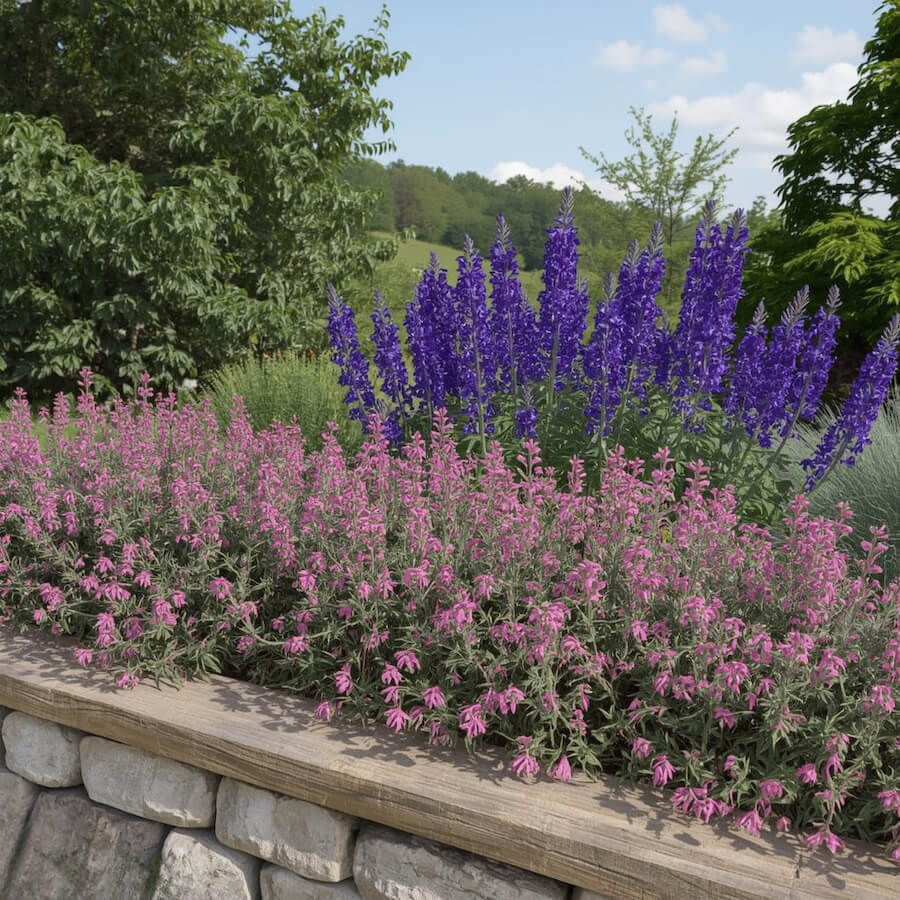 Różowo-fioletowy dywan z kocimiętki i szałwii