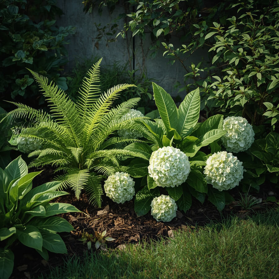 Strefa cienia z paprociami i hortensją bukietową