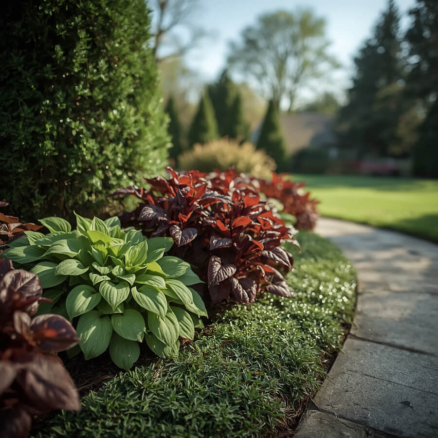 Żurawka i hosta w ogrodzie przy ścieżce