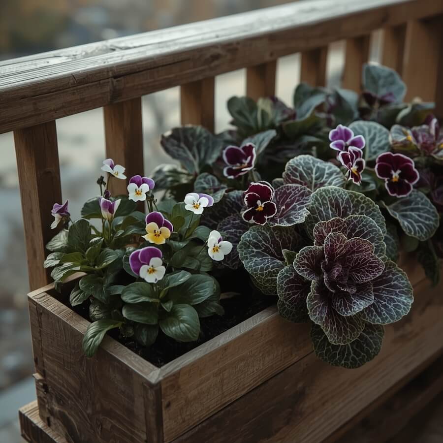 Bratki i fiołki rogate z kapustą ozdobną