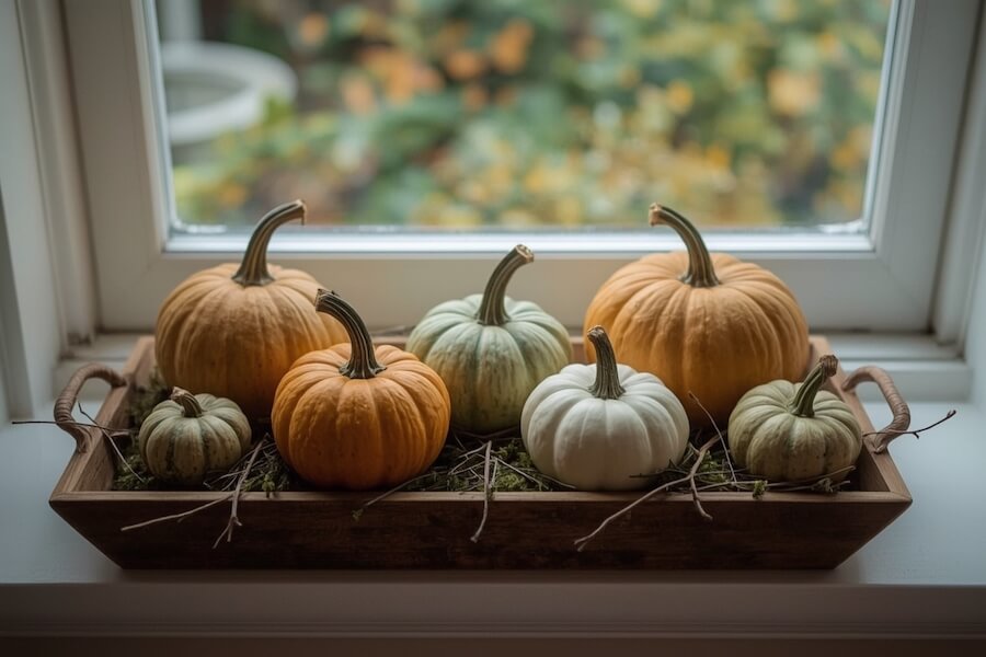 Mała wystawka z dyniami i mchem