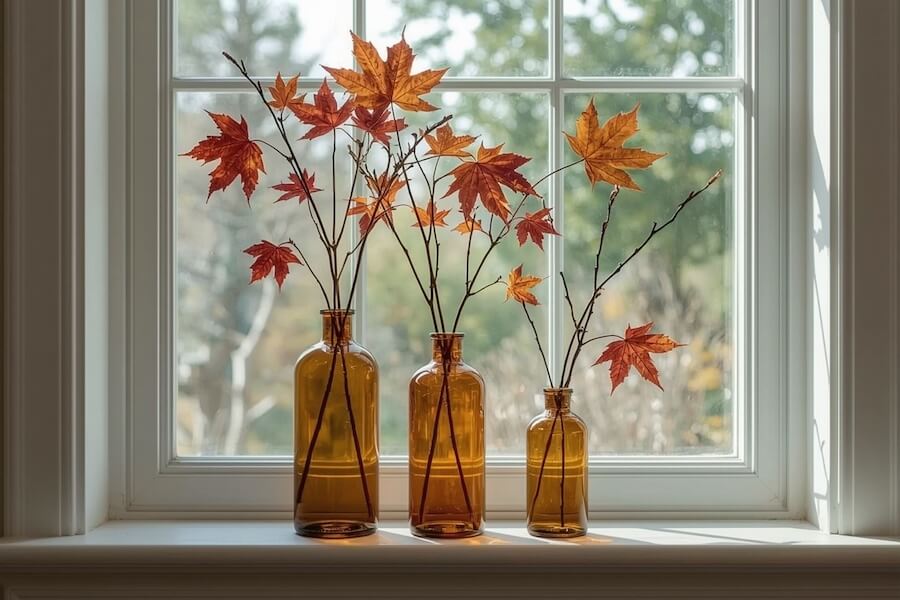 Bursztynowe butelki z gałązkami klonu