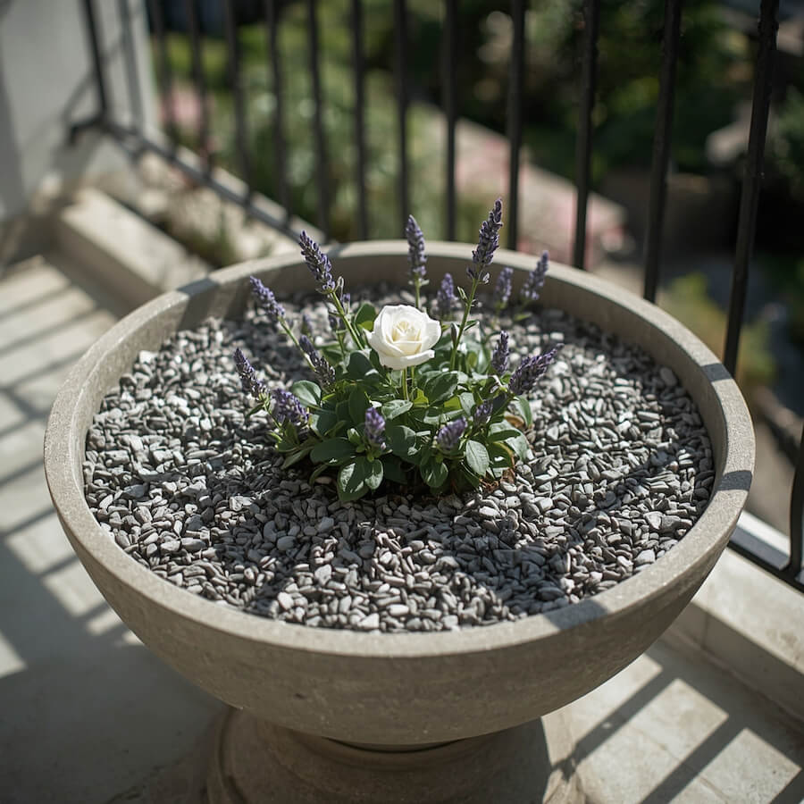 Lawenda z miniaturową różą w dużej misie