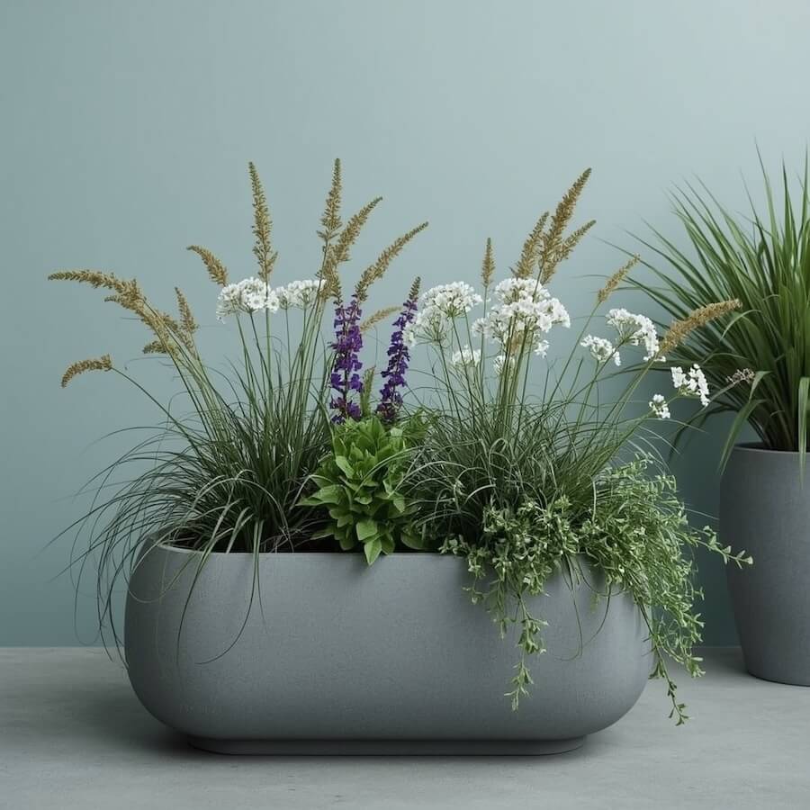 Owsy z szałwią i gipsówką w donicy