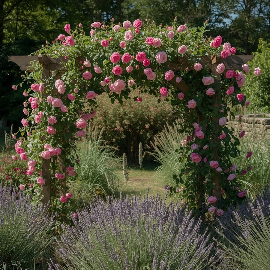 Romantyczny cottage, czyli róże pnące nad łanem lawendy i piórkami traw