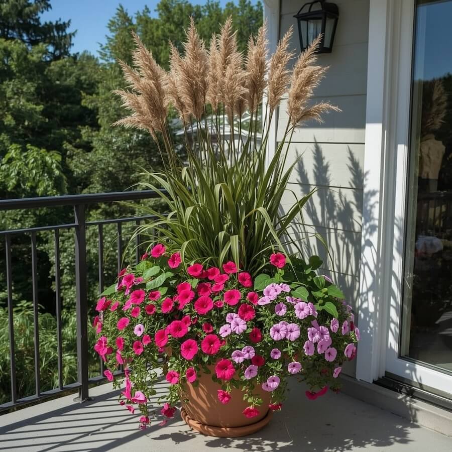 Zestawienie purpurowej fontanny z ipomeą i petunią