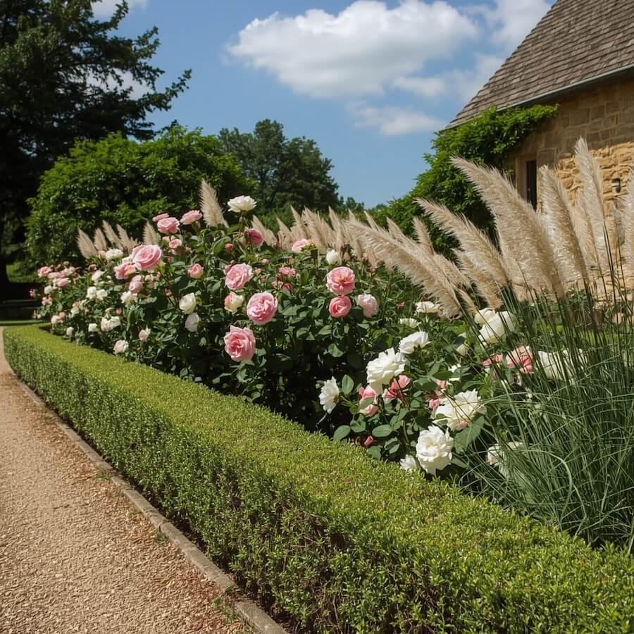 Lawendowy żywopłot z różami angielskimi i lekkimi trawami