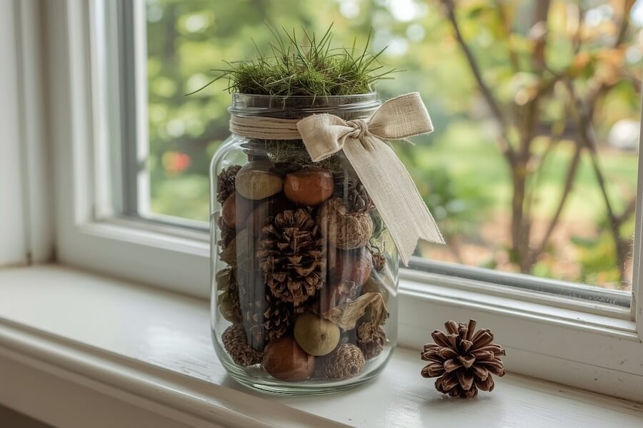 Słój apteczny z kasztanami i szyszkami