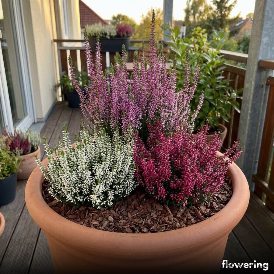 Okrągła donica balkonowa z trzema odmianami wrzosów tworzącymi zróżnicowaną kolorystycznie kompozycję