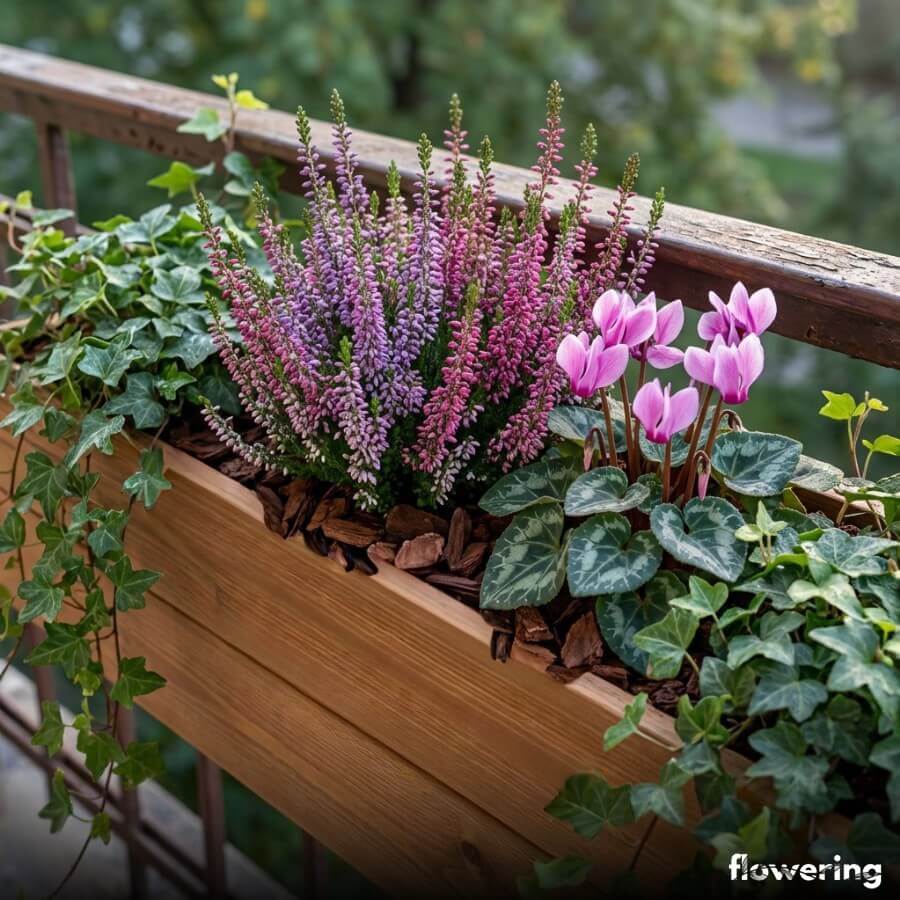 Detal kompozycji balkonowej z wrzosami, cyklamenem i bluszczem w ściółkowanej skrzynce