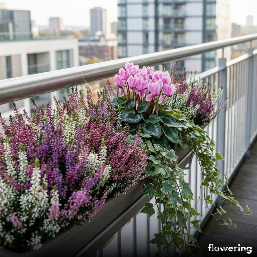 Balkonowa skrzynka z wrzosami, cyklamenem i zwisającym bluszczem na balustradzie