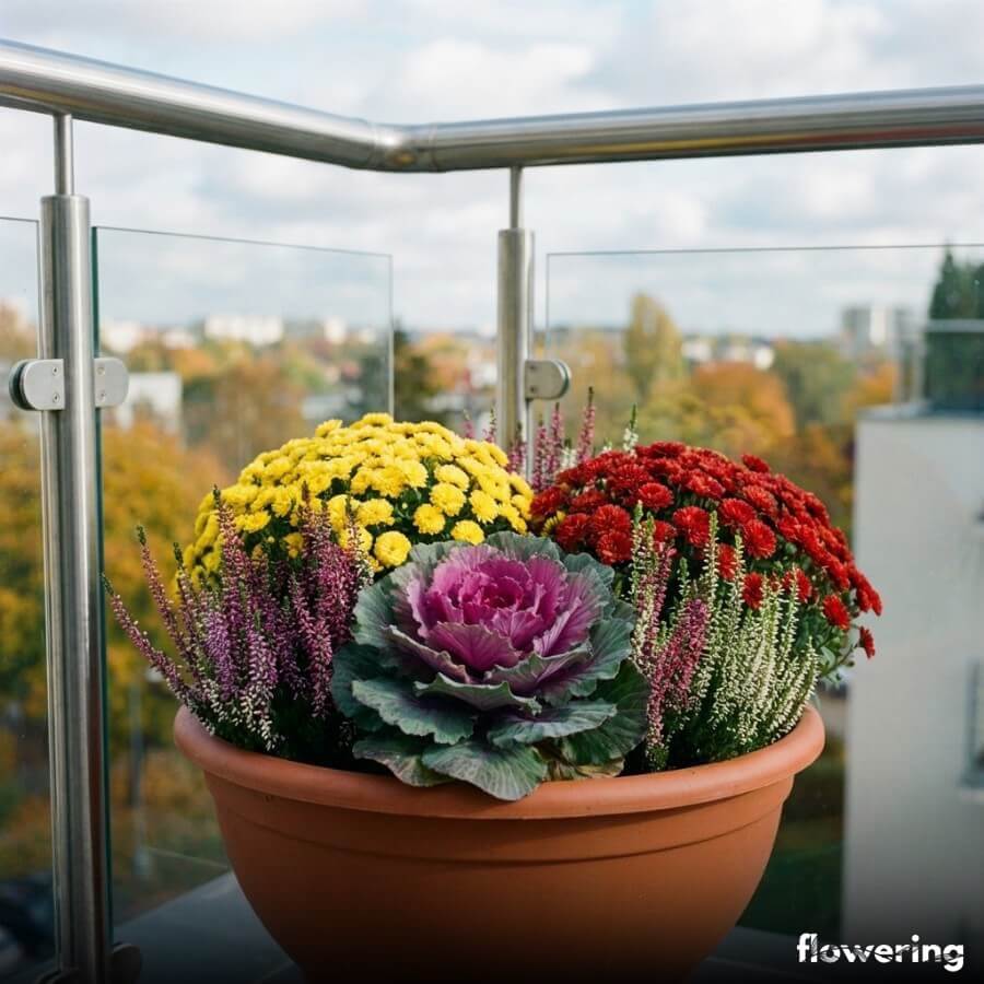 Balkoniowa misa z kapustą ozdobną, chryzantemami i wrzosami ustawiona przy barierce