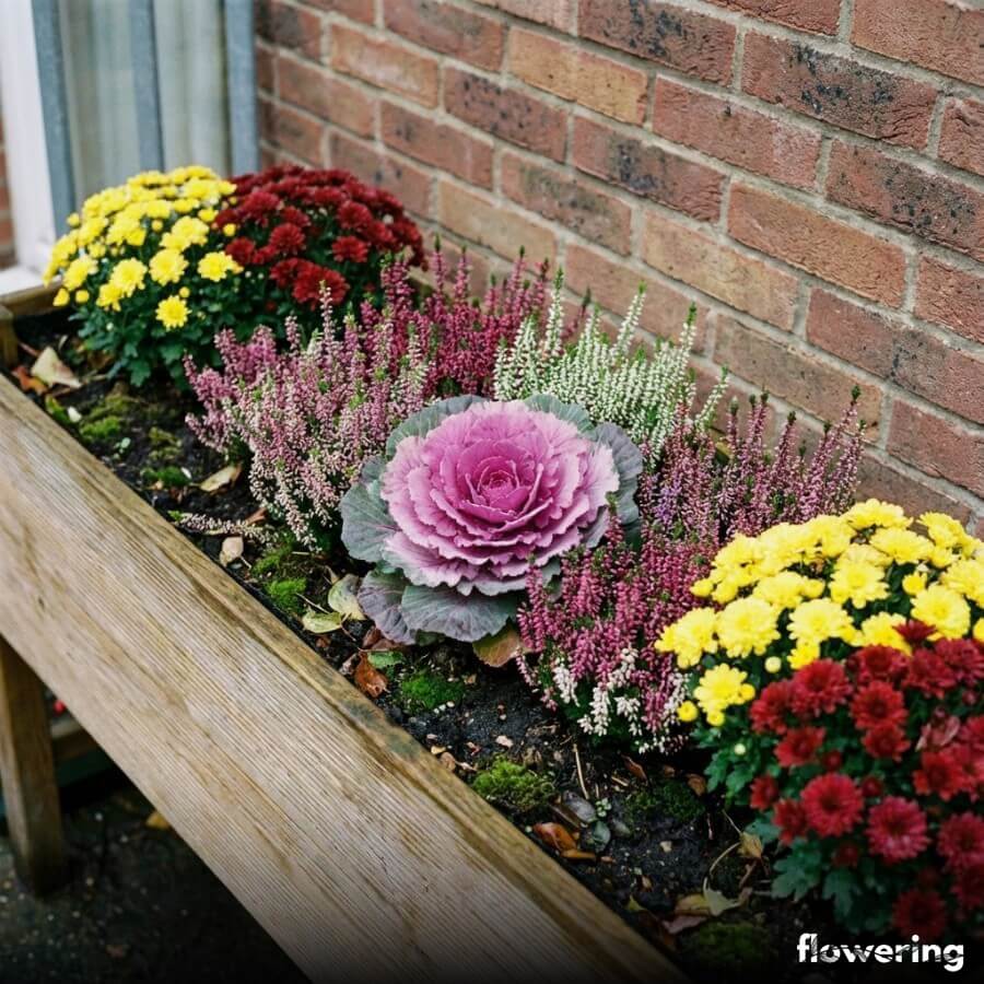 Skrzynka balkonowa z kapustą ozdobną pośrodku, chryzantemami i wrzosami wypełniającymi przestrzeń