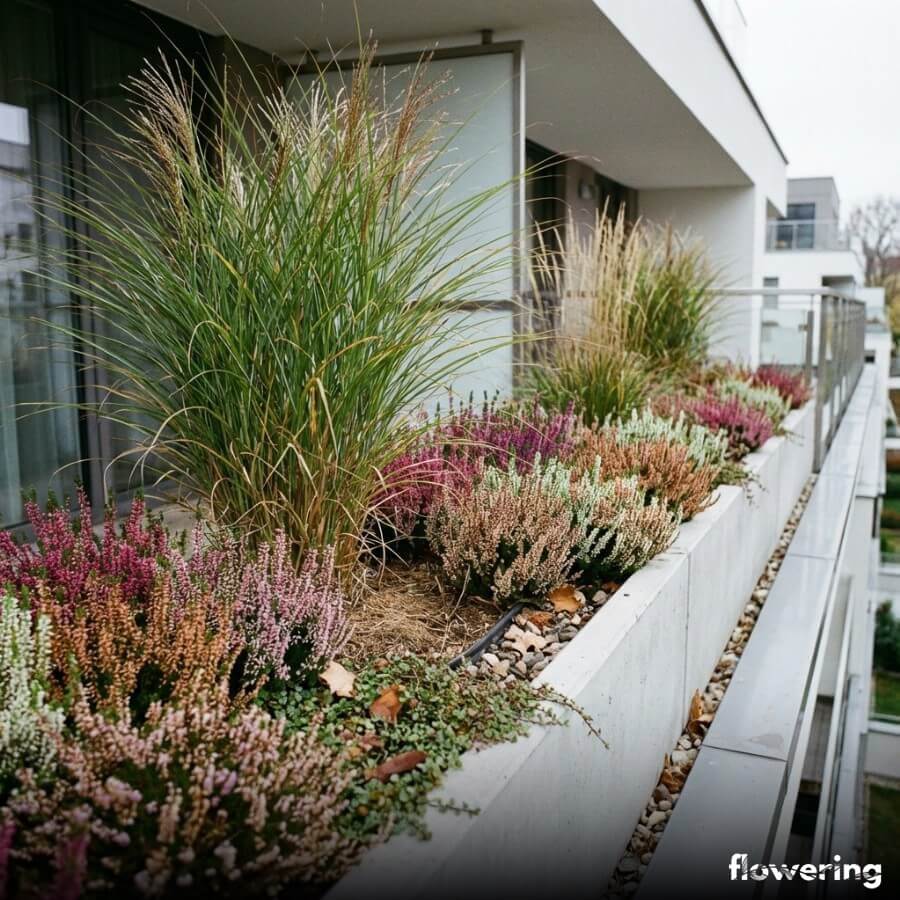 Długa balkonowa skrzynka z trawami ozdobnymi i wrzosami ułożonymi w pasach