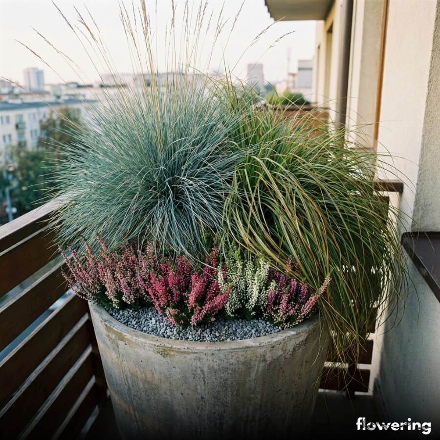 Wysoka donica balkonowa z kostrzewą, carex i pasami kwitnących wrzosów na żwirowej powierzchni