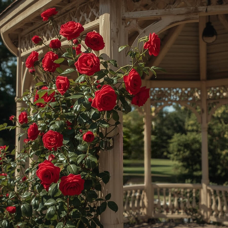 Altana z czerwonymi różami wplecionymi w konstrukcję