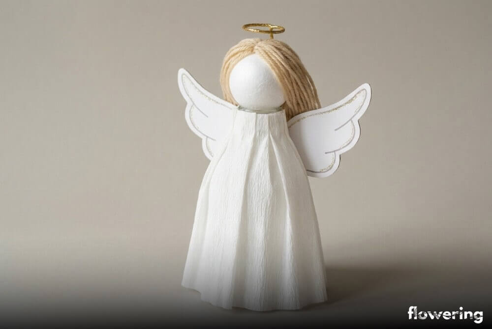 Gotowy prosty aniołek z butelki owiniętej bibułą, z włóczkowymi włosami i kartonowymi skrzydełkami na neutralnym tle