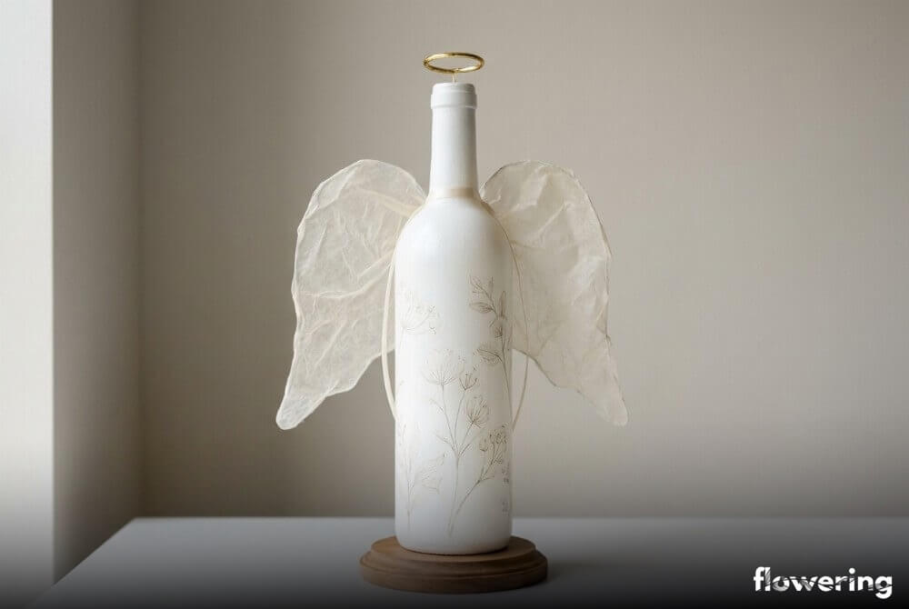 Gotowy anioł z pomalowanej butelki po winie na drewnianej podstawie, z delikatnymi półtransparentnymi skrzydłami