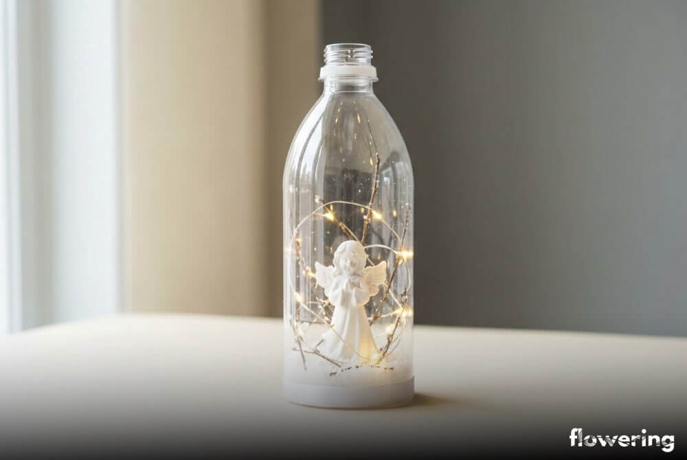 Gotowa miniaturowa scenka z aniołkiem umieszczona wewnątrz przezroczystej butelki, z delikatnym śniegiem i subtelnym światłem LED