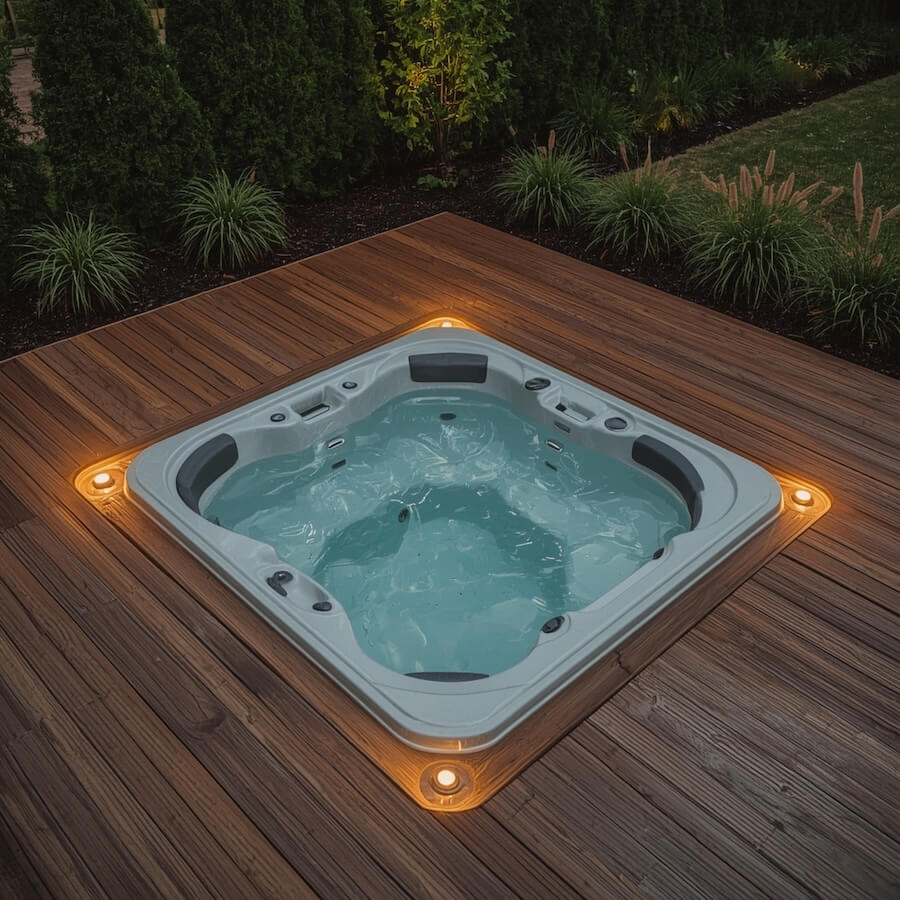 Balia na drewnianym tarasie, częściowo wpuszczona w podest