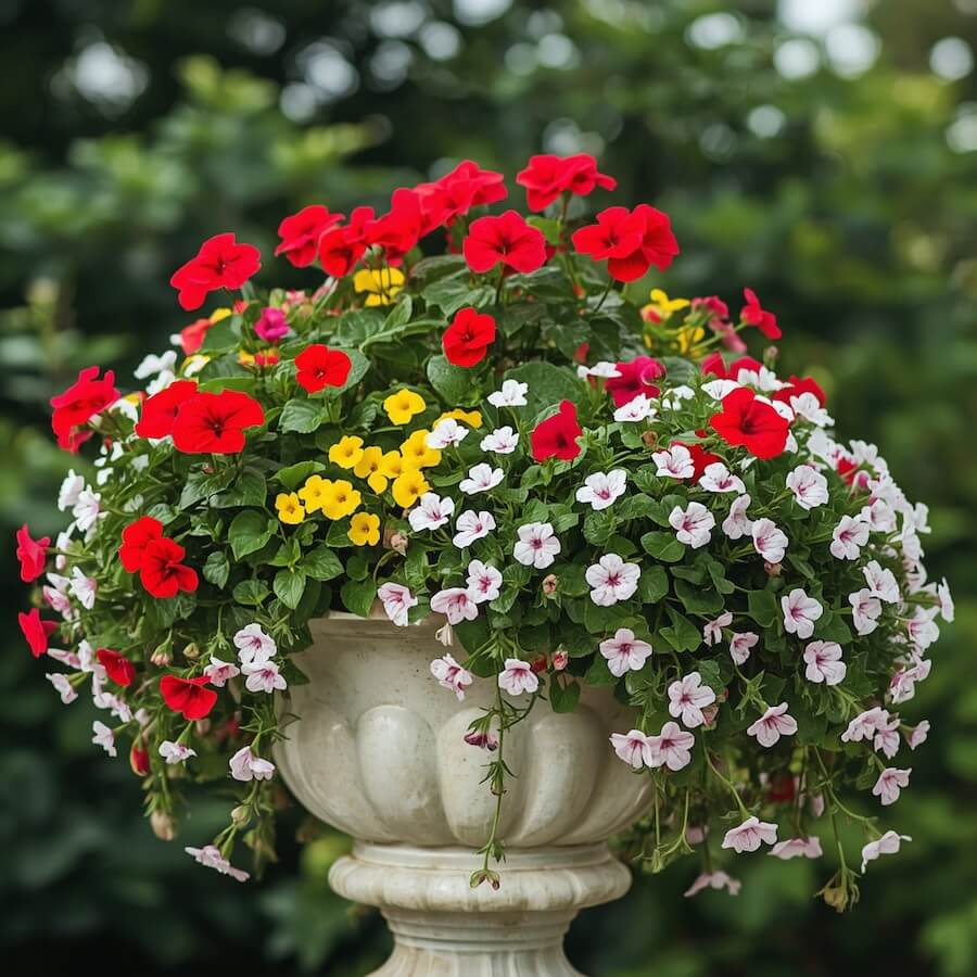 Czerwone pelargonie, bidens i sutera w stylu marynistycznym, w donicy