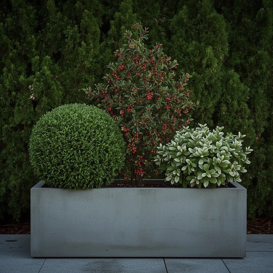 Prostokątna donica betonowa z bukszpanem i innymi roślinami przy żywopłocie