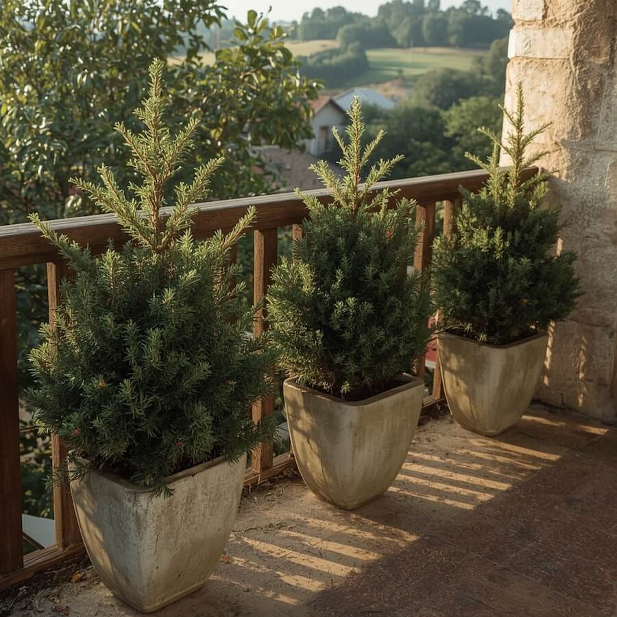 Rośliny iglaste w donicach betonowych na balkonie