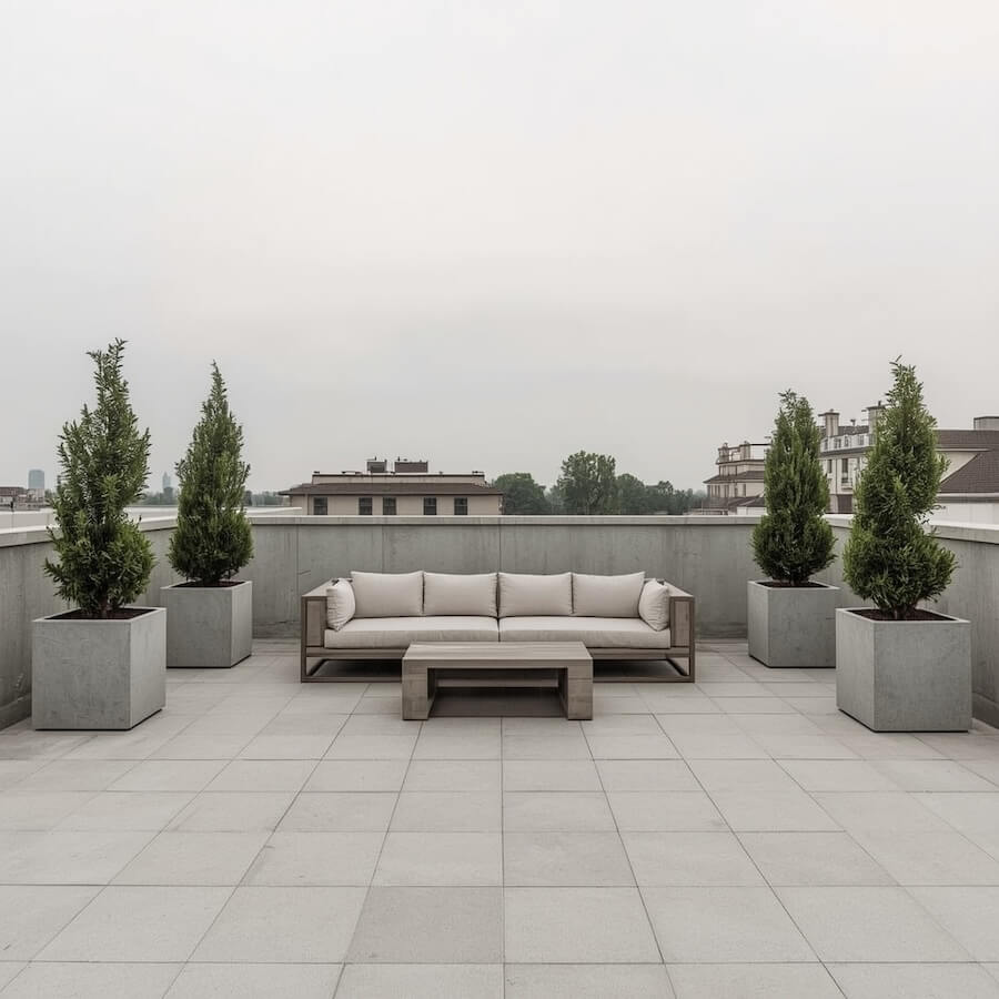 Szeroki balkon miejski z donicami betonowymi i roślinami oraz kanapą i stołem