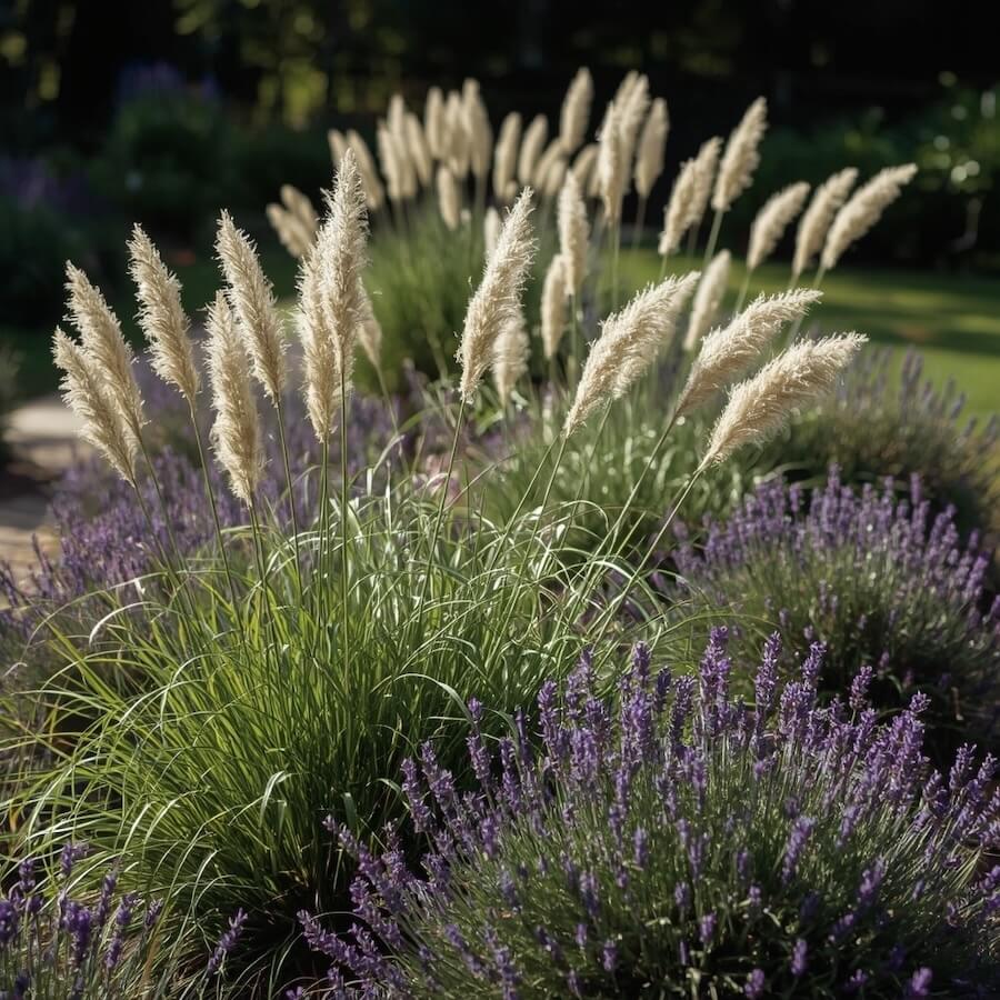 Nowoczesna rabata żwirowa z miskantami i lawendą