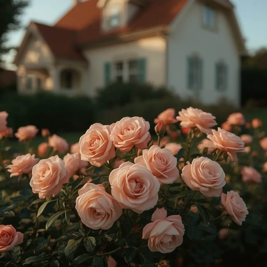 Róże rosnące przed domem w ogrodzie