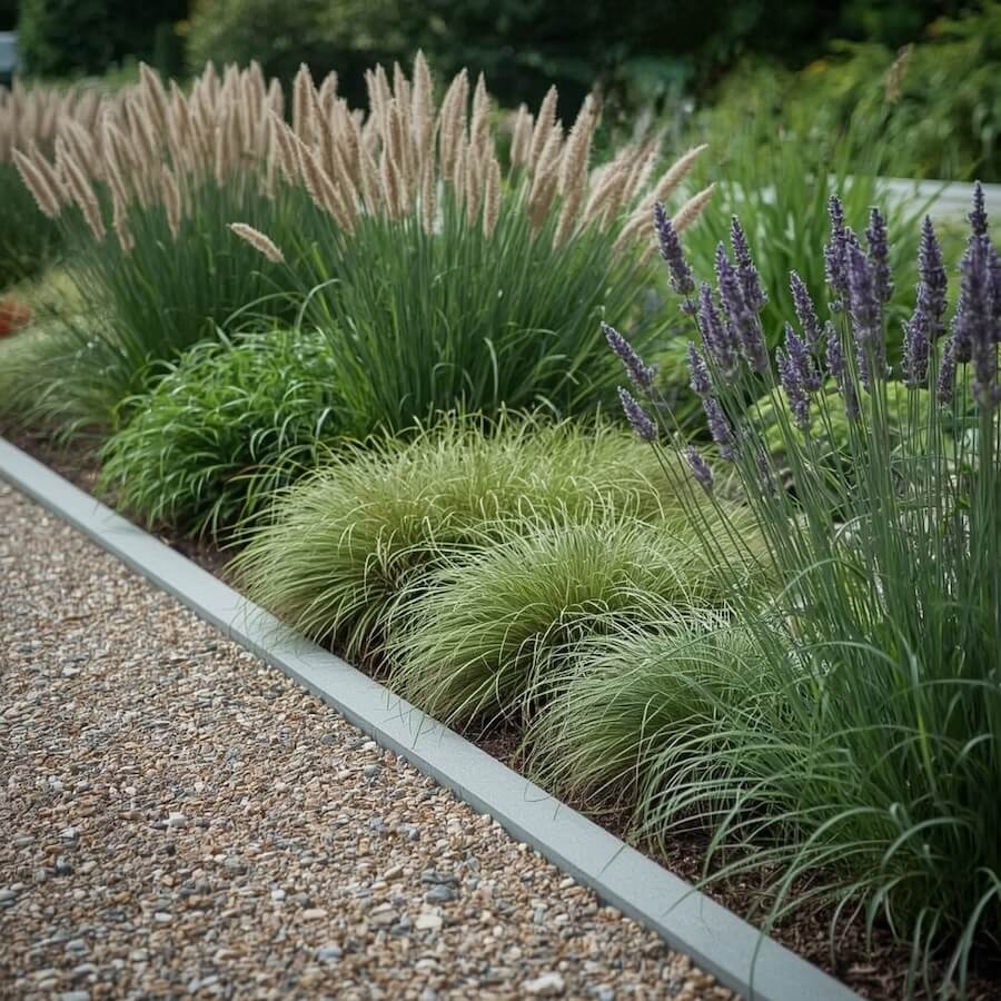 Rabata żwirowa z miskantami i lawendą w ogrodzie