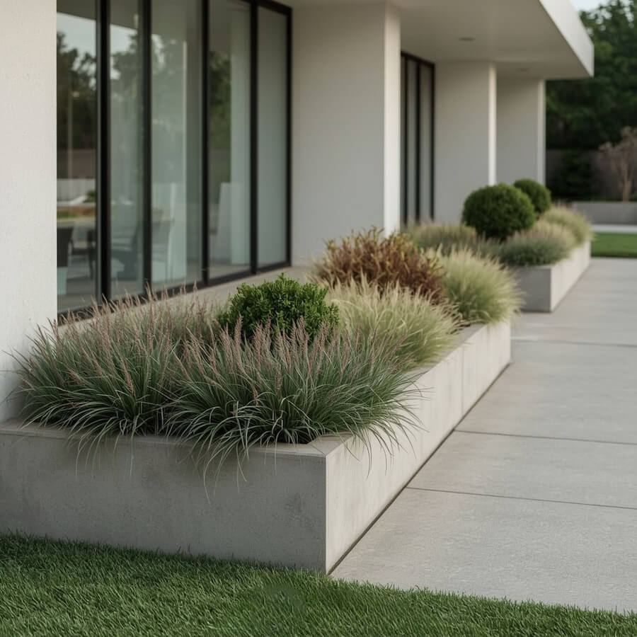 Szerokie i długie betonowe donice z roślinami przed domem