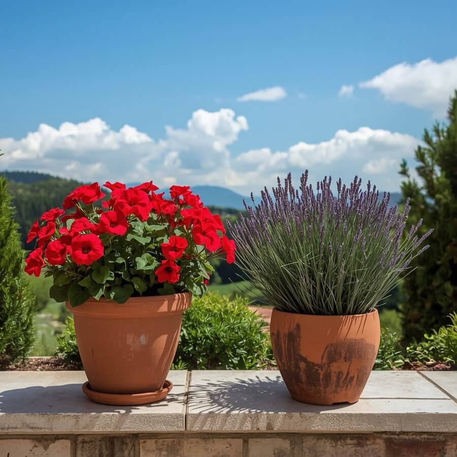 Duet w osobnych donicach z pelargonią i lawendą