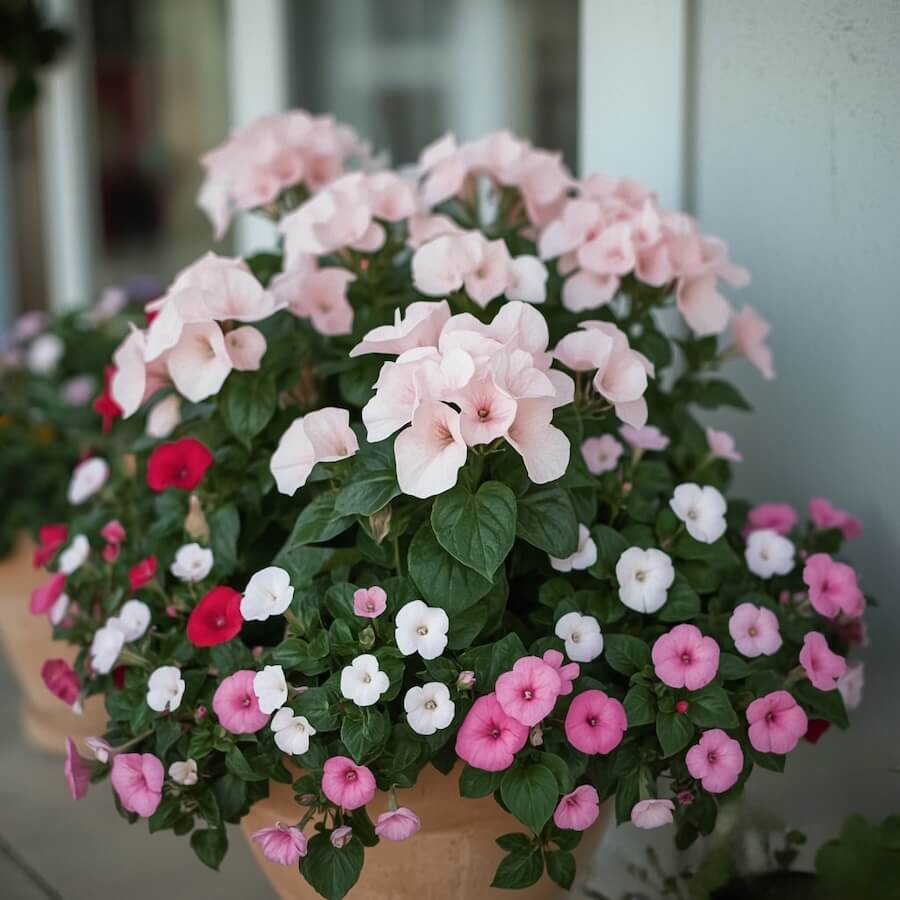 Pelargonie i niecierpki na półcienistym balkonie