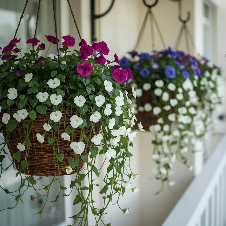 Zestaw w wiszących koszach z pelargonią, lobelią oraz bakopą
