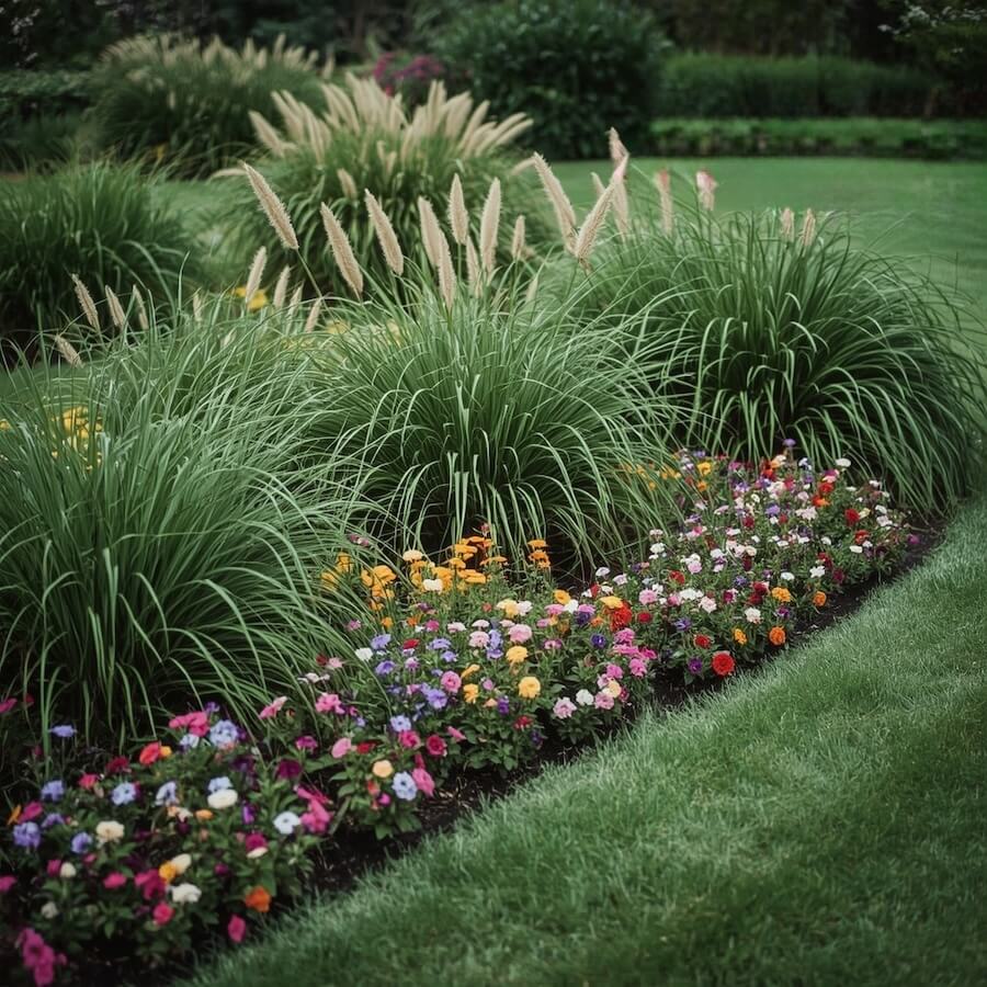 Piękne łany traw jako tło dla bylin w ogrodzie