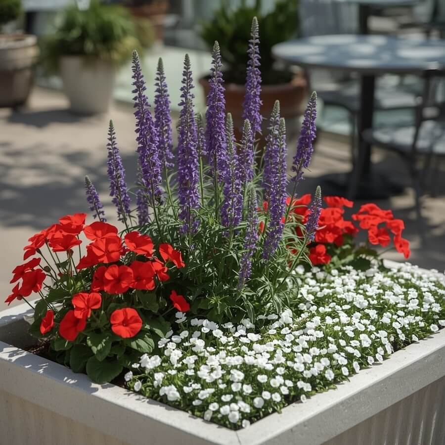 Kompozycja „miododajna”, czyli pelargonie, z szałwią ozdobną i smagliczką