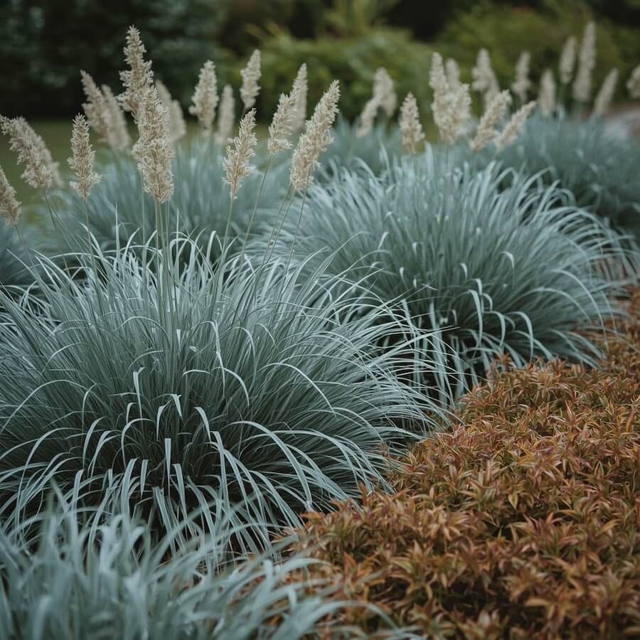 Srebrzyste trawy i ciepłe byliny jako kontrastowe zestawienie