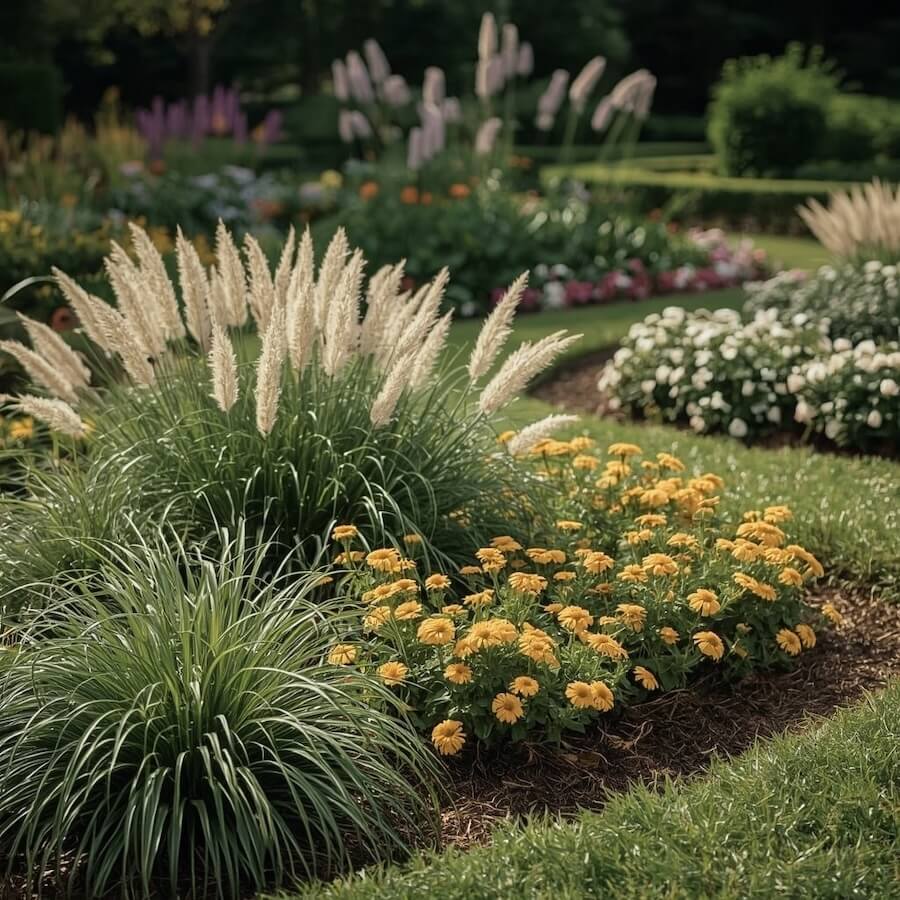Piękne łany traw jako tło dla bylin