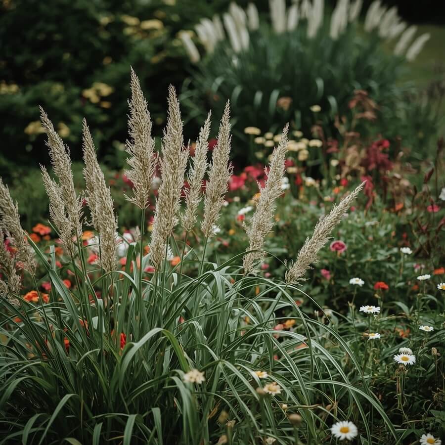 Łany traw jako tło dla bylin wśród innych kwiatów