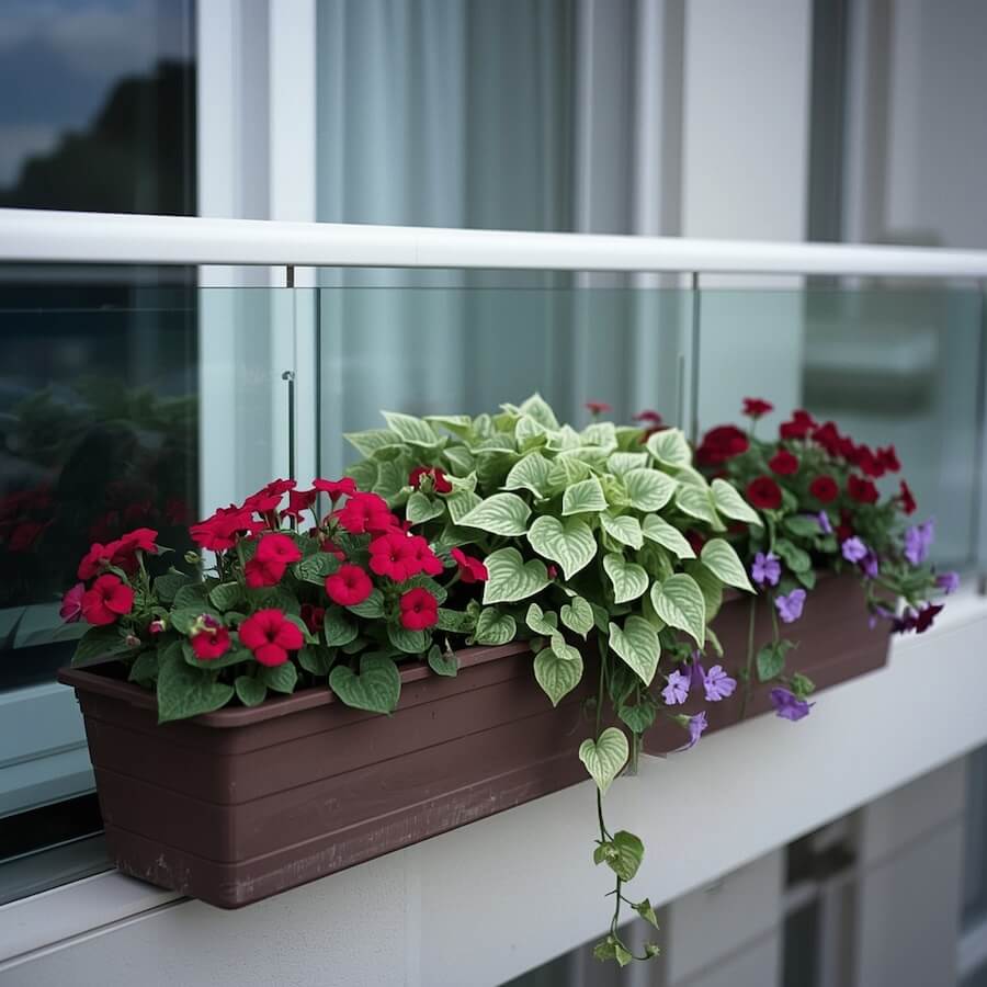 Pelargonie, wilce ziemniaczane i petunie w długiej skrzynce