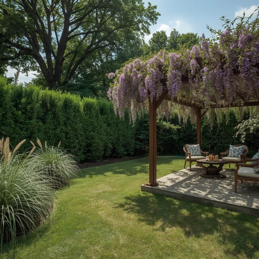 Glicynia na dachu pergoli przed domem