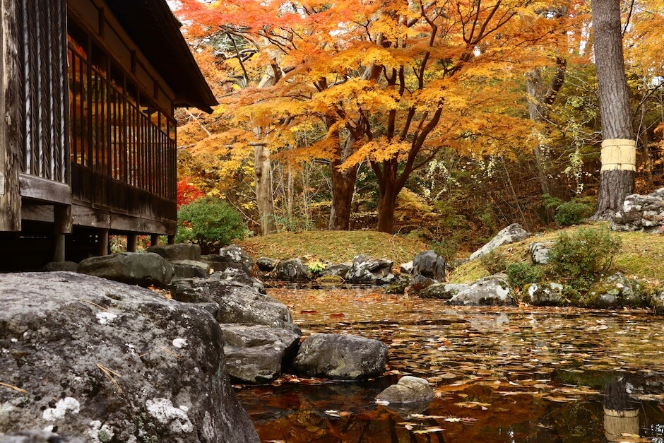 Rzeczka w kamienistej dolince, wokoła jesienne drzewa, na brzegu widać kawałek domu z ciemnobrązowego drewna.