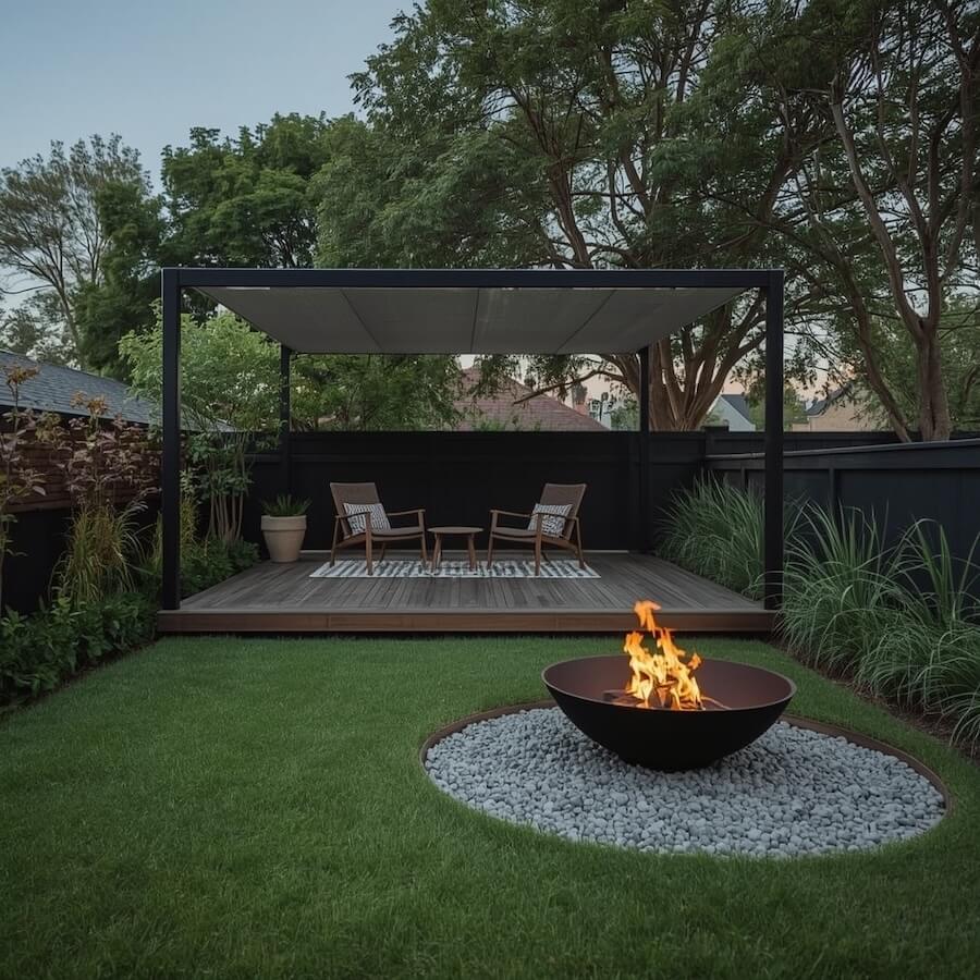 Palenisko i strefa relaksu pod pergolą za domem