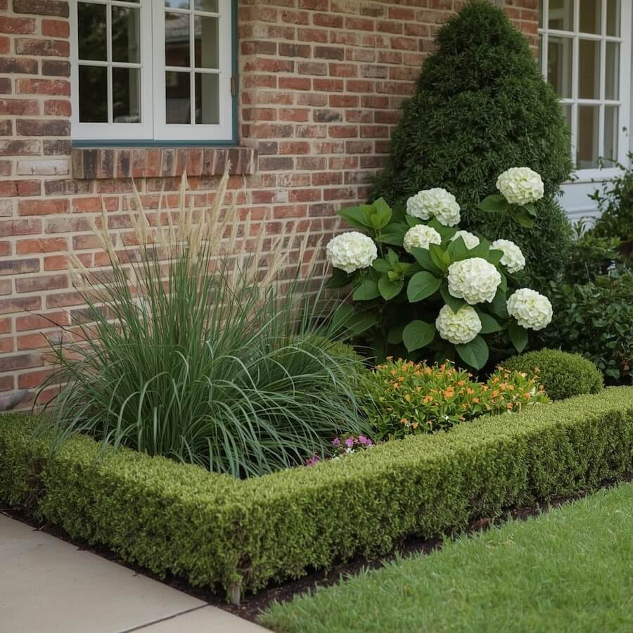 Rabata przed domem z hortensji i traw ozdobnych przy ścianie ceglanej