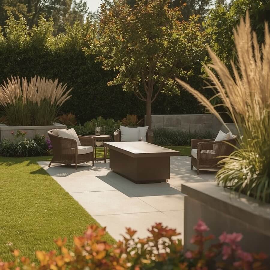 Stolik, wygodne krzesła z poduszkami w ogrodzie przed domem i rośliny