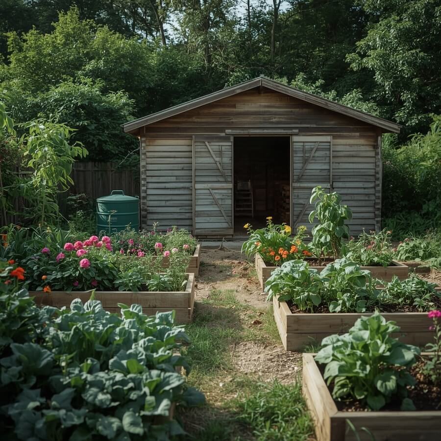 Szałas za domem i rośliny rosnące w ogrodzie