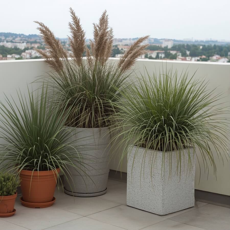 Trawa pampasowa w donicy na balkonie i inne rośliny